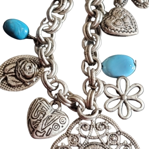 Eclectic necklace hearts cross flower silver tone turquoise hippie boho … - Picture 6 of 11